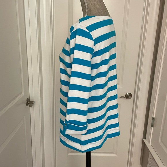🌸🌸SALE! 4 FOR $20!PALM GROVE Teal&White Stripe Jeweled Turtle 3/4 Slv Top SzS - Picture 2 of 7